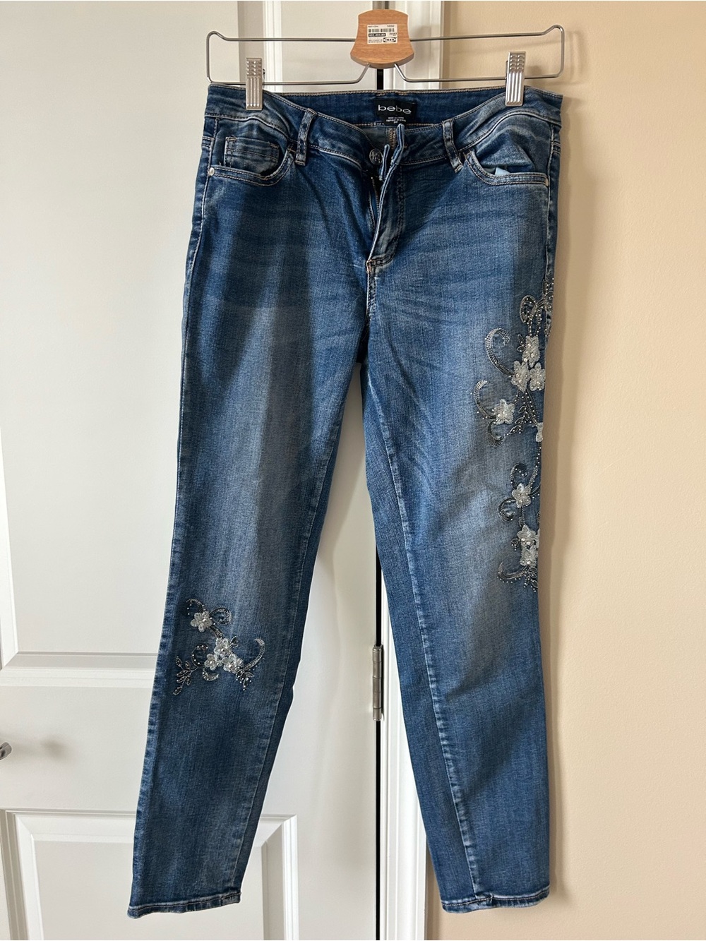 bebe Dark Blue Floral Sequin Skinny Jeans